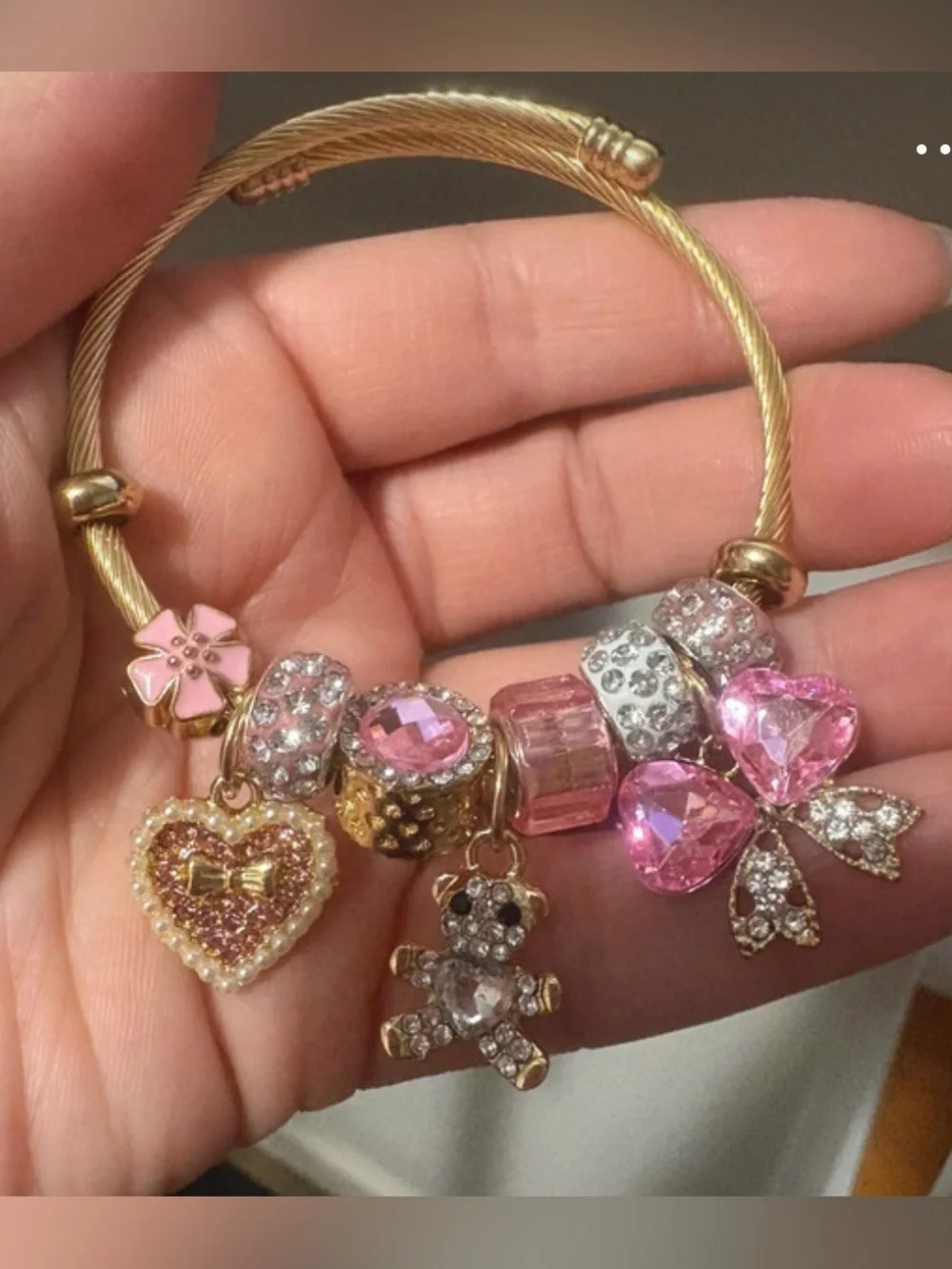 Coquette style Gold Tone Bracelet with Pink Crystal Charms